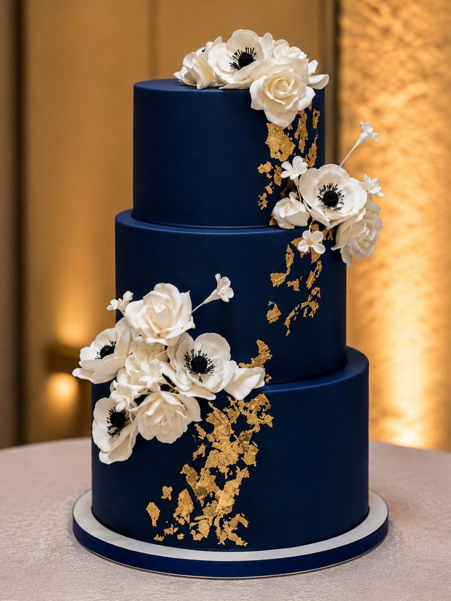 Navy, Gold & White Floral Wedding Cake by VDK Cakes